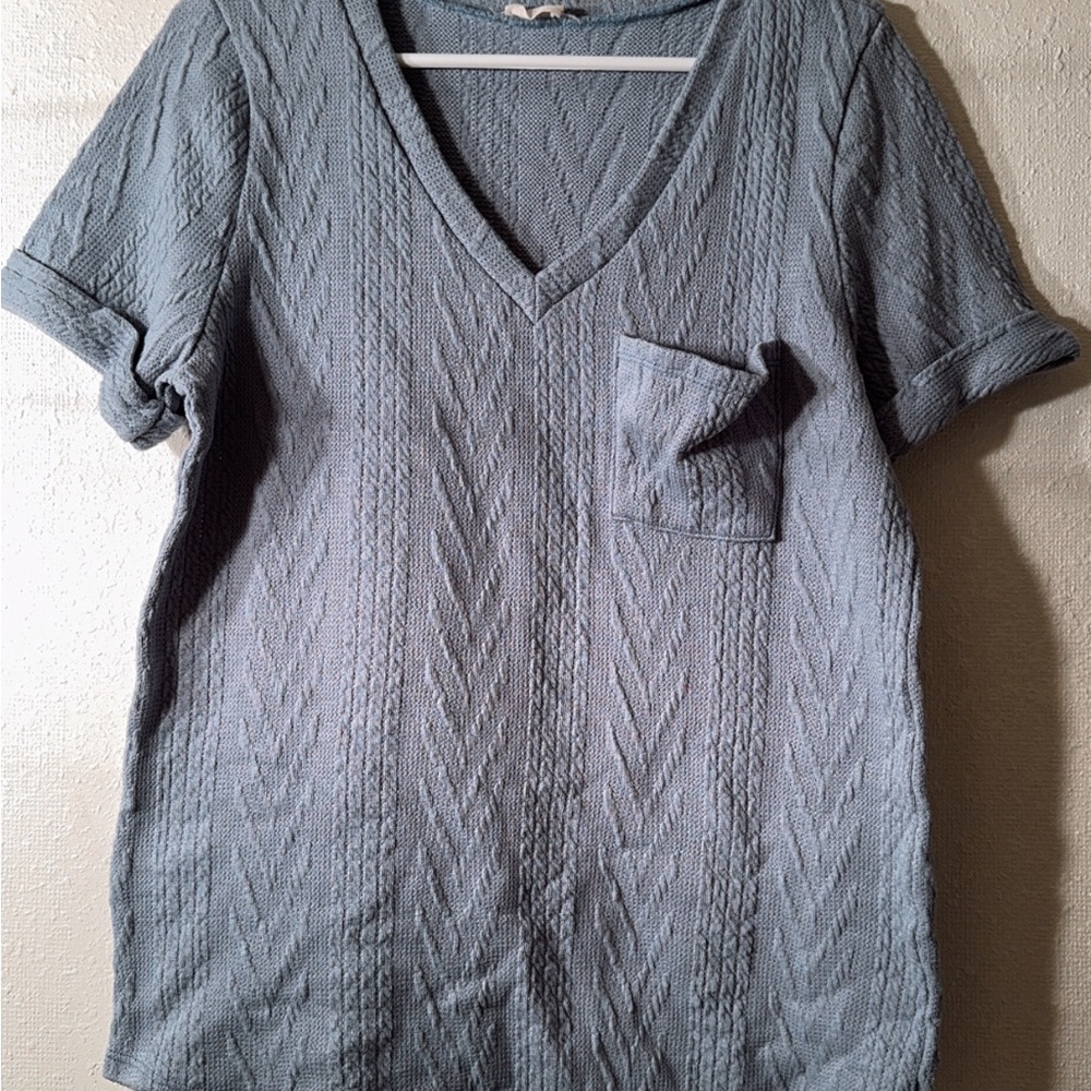 Light blue Relaxed Ribbed Blouse with Short Sleeves